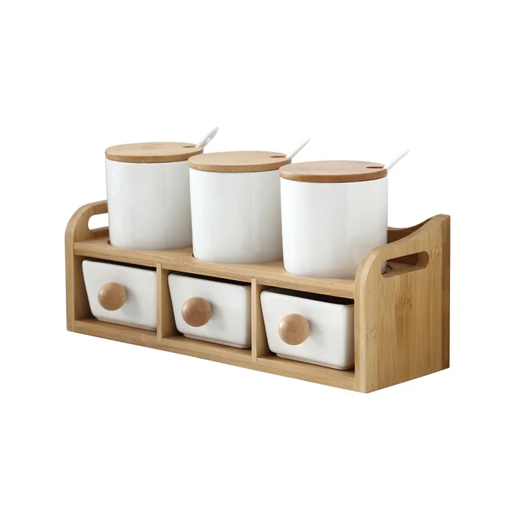 2 Tier Ceramic Cheap Spice Jar Set Seasoning Box Kitchen Salt Sugar Container with Bamboo Stand Rack