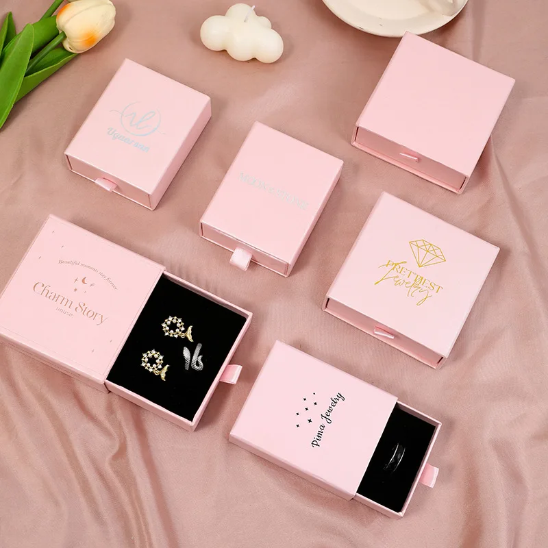 Custom Small Black Pink Slide Drawer Cardboard Paper Jewelry Box with Sponge Foam Insert