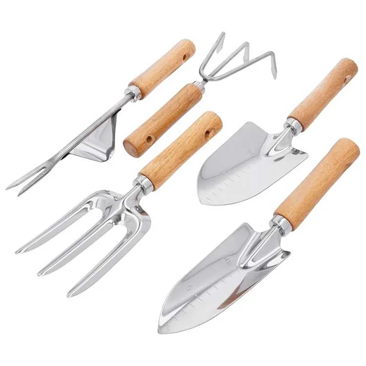 5 Piece stainless steel Garden hand Tool Set kit with wood handle gardening tools and equipment garden shovel weeder trowel