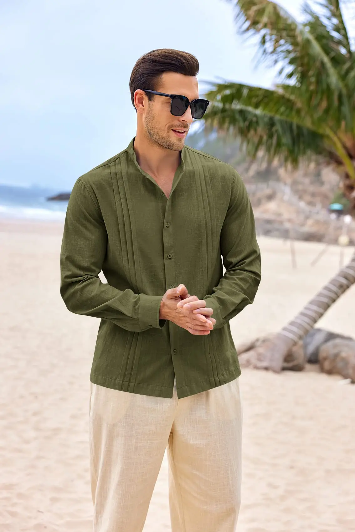 Mens Guayabera Button Down Shirt Linen Cotton Long Sleeve Cuban Camp Plain Summer Beach Shirts Top