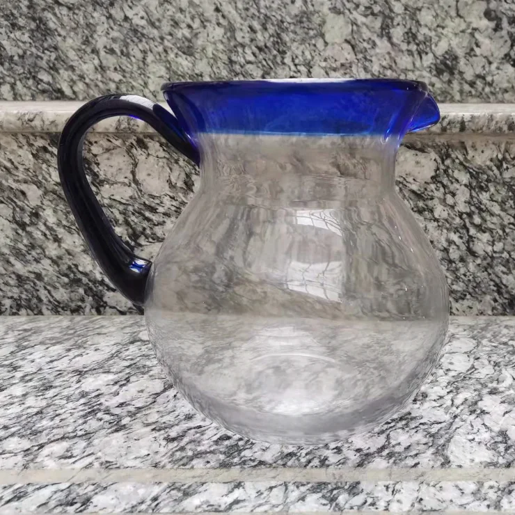 Mexican recycled hand blown Glass bola Jug Glassware Blue rim Glass Pitcher