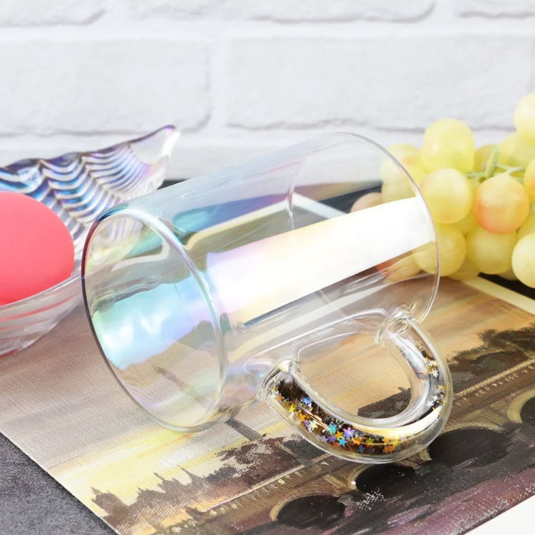 2022 New Iridescent Aurora Sublimation Colorful Stars Inside the Handle Funky Glasses Kawaii Cup Rhinestone Tea Cup Glass Mug