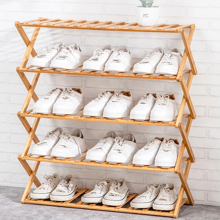 Multifunctional Free Standing Shoe Shelf Storage Organizer Wooden 5-Tier Shoe Shelf Foldable Bamboo shoe racks