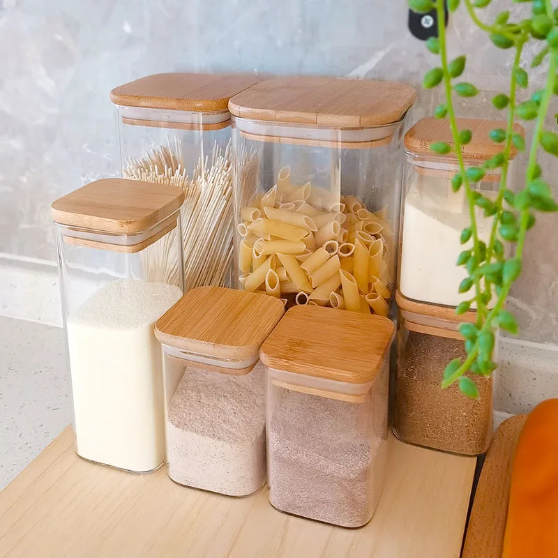 home& kitchen high borosilicate glass Stackable Square Glass Storage Jar food spice Containers With airtight bamboo Wood Lid