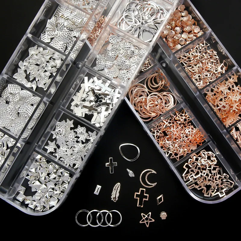 12 Grid/Set Gold Silver Hollow 3D Nail Art Decorations Mix Metal Frame Nail Rivets Shiny Charm Manicure Accessories Studs Art
