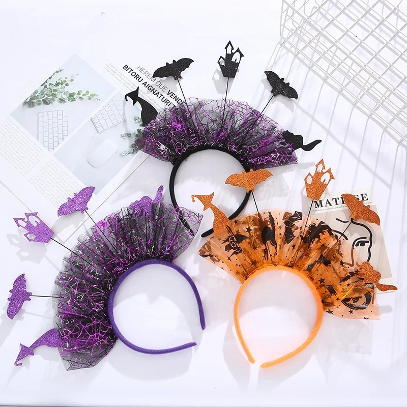 New Unique Design Fashion Cartoon Ghost Pumpkin Pattern Mesh Large Size Fabric Bat Decoration Halloween Headband