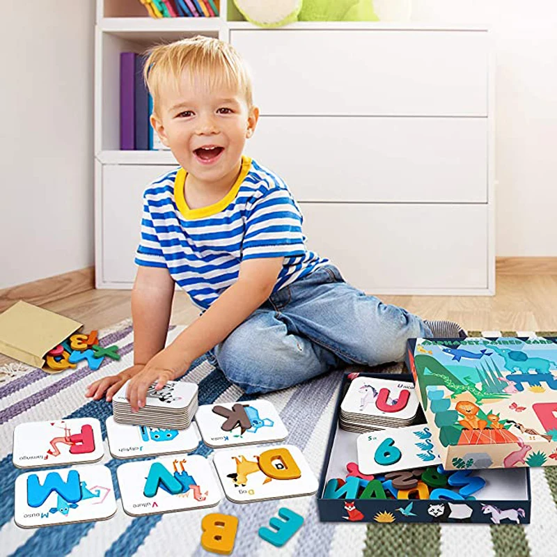 Alphabet Numbers Flash Cards for Toddlers 3-6 Years, ABC Learning Toys Wooden Letters and Numbers Animal Card Board