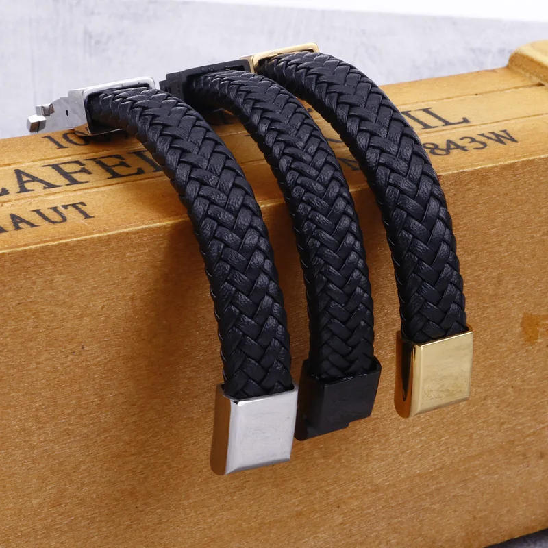 KALEN Gold Black Stainless Steel Zircon Cross Leather Bracelet