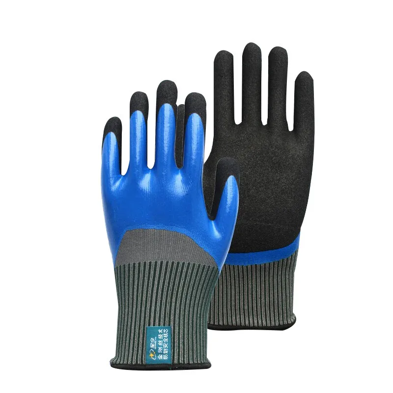 Soft abrasion resistant cutting and slip resistant double layer nitrile rubber coated industrial abrasive mitts