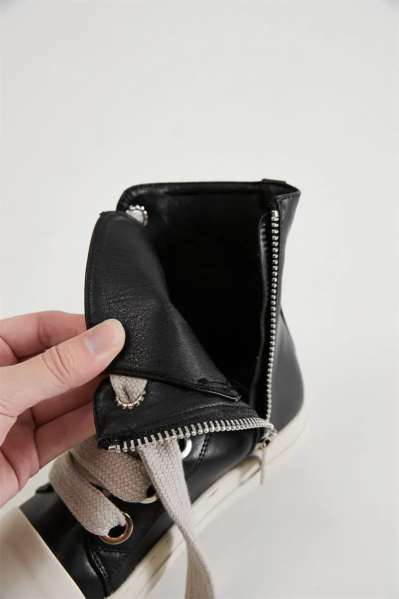 Hip hop trend Round Toe Top Board Sneakers Black Leather  Shoes Women Zip Ankle Lace Up Motorcycle Boots