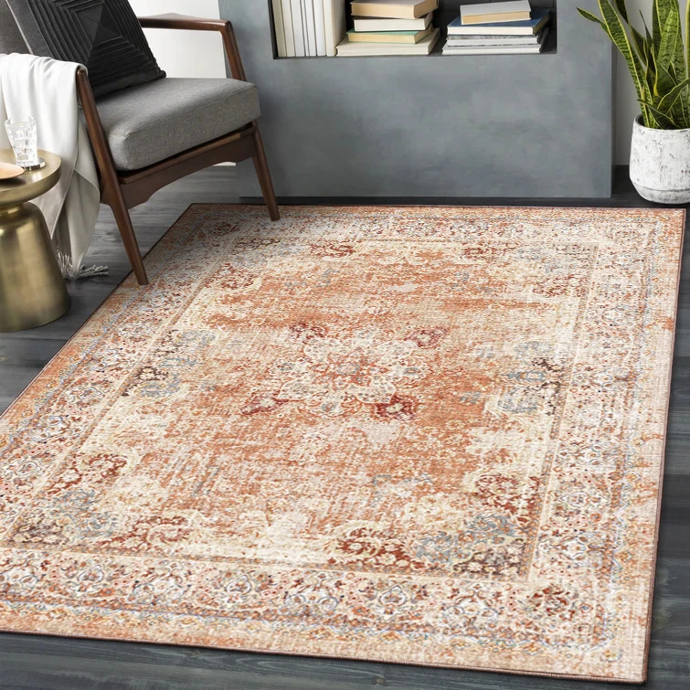 Boho Low Pile Indoor Floor Oriental Persian Floral Distressed Large Carpet Area Rugs for Living Room