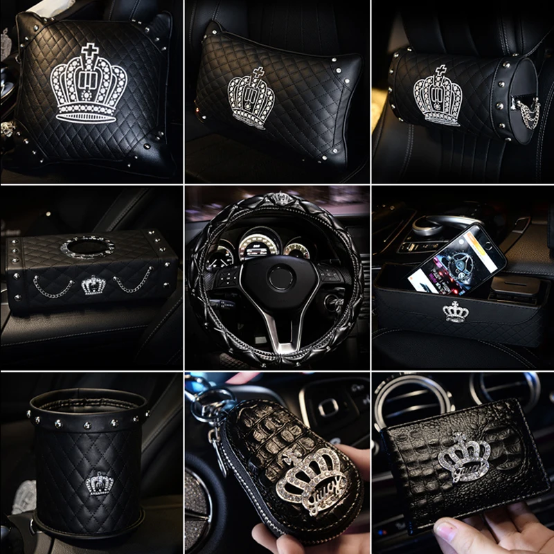 
Crystal Crown Leather Punk Style Rivet Car Interior Accessories Seat Cushion Back Cushion Headrest Neck Pillow 