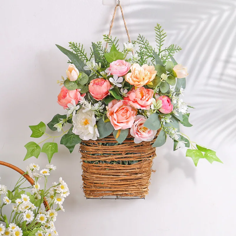 New Spring Flower Basket For Home Wall Decoration Outdoor Wedding Photography Props Artificial Flower Hanging Basket
