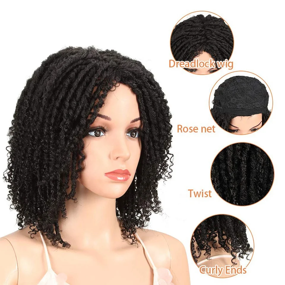 Rebecca Ombre Black Brown Color Dreadlock Wig Short Twist Wigs for Black Women and Men Afro Curly Synthetic Wig (T1B/30#)