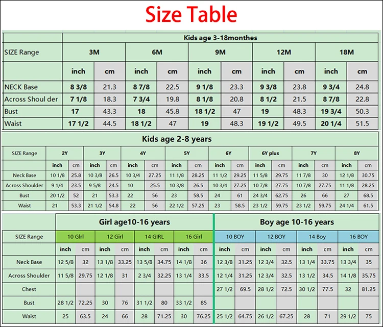 kids size chart UA size