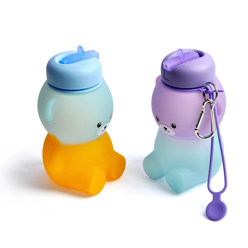 Customized Bpa Free Bear Shape Silicone Children Kids Waterbottle Drinking Bottle Water Bottle With Straw For School