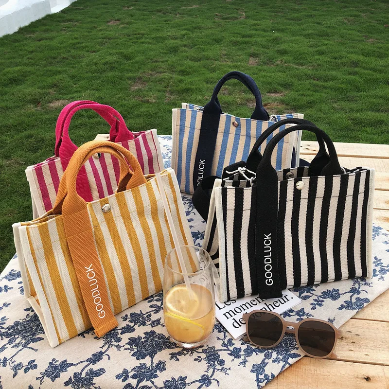 Fashion Stripes Handbag Summer Beach Picnic Outdoor Shopping Bag GOOGLUCK New Design Striped Canvas Tote Shoulder Bag for Women