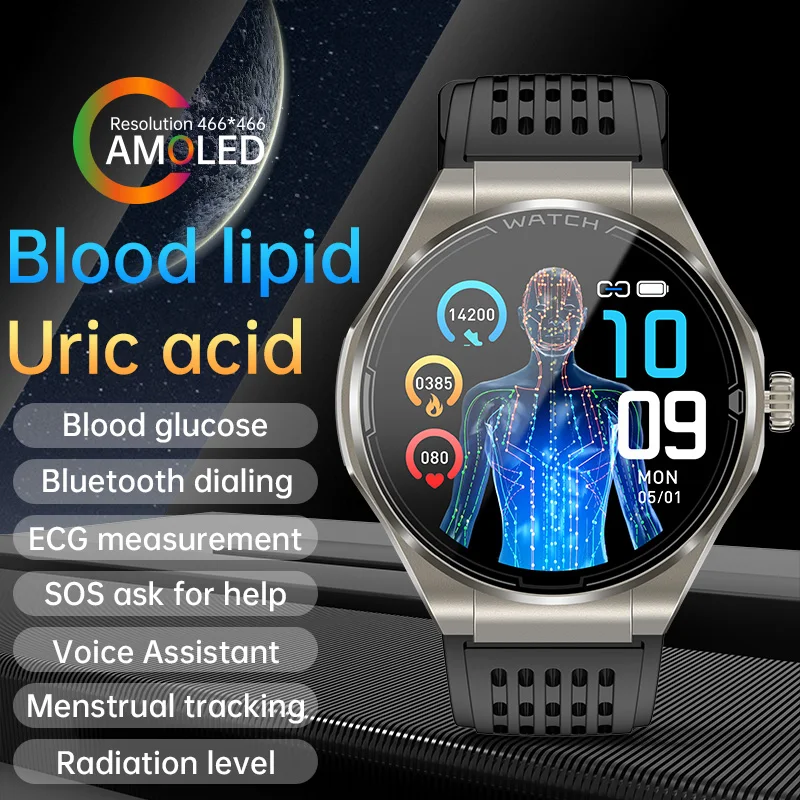 1.43inch AMOLED URIC ACID blood lipid voice assistant radiation level oxygen ecg SOS music dialing call fitness smart watch