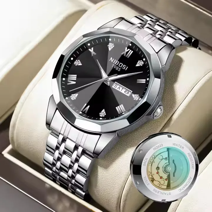 NIBOSI 2623 Stainless Steel Waterproof Creative Wristwatches for Man Version 3D Diamond Glass Design Men Mechanical Quartz Watch