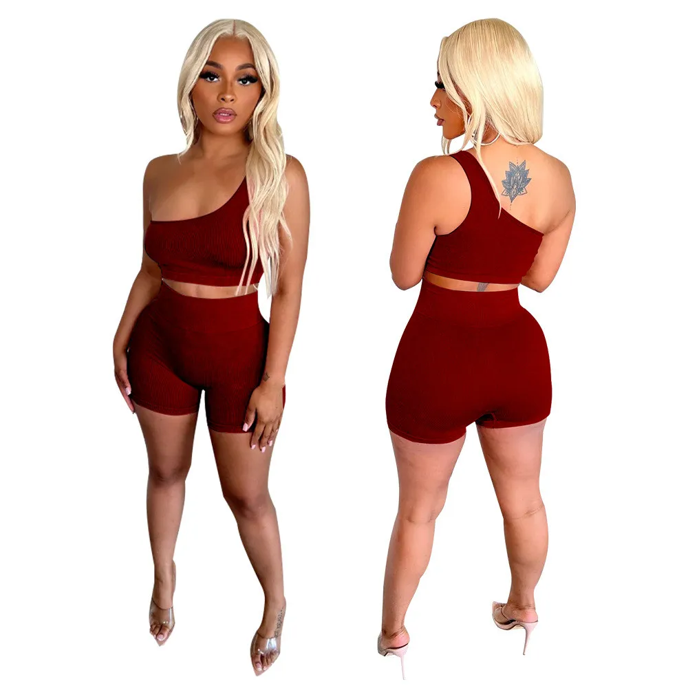 2023 New Ribbed Knit Shorts Set 2 Piece Set Women Sleeveless One-Shoulder Tops Shorts Sport Summer Biker Set