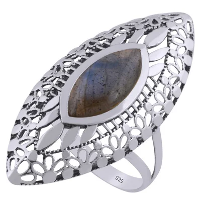 Stunning Jali Design Pattern Around Larimar Marquise Shape 925 Sterling Solid Silver Ring Eternity Vermeil Fine Rings