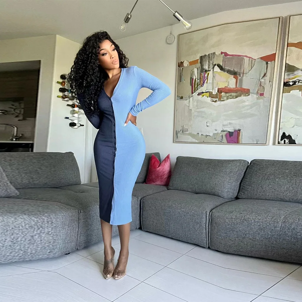 2022 New Arrivals Fashion Sexy V Neck Dress with Buttons Summer Slit Long Sleeve Mix color Ladies Dresses