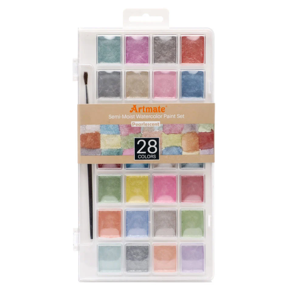 Artmate Pearlescent Semi-Moist Watercolor Cake Set 28 Colors with Paint Brush,Watercolor Paintings,Watercolor Paint Set