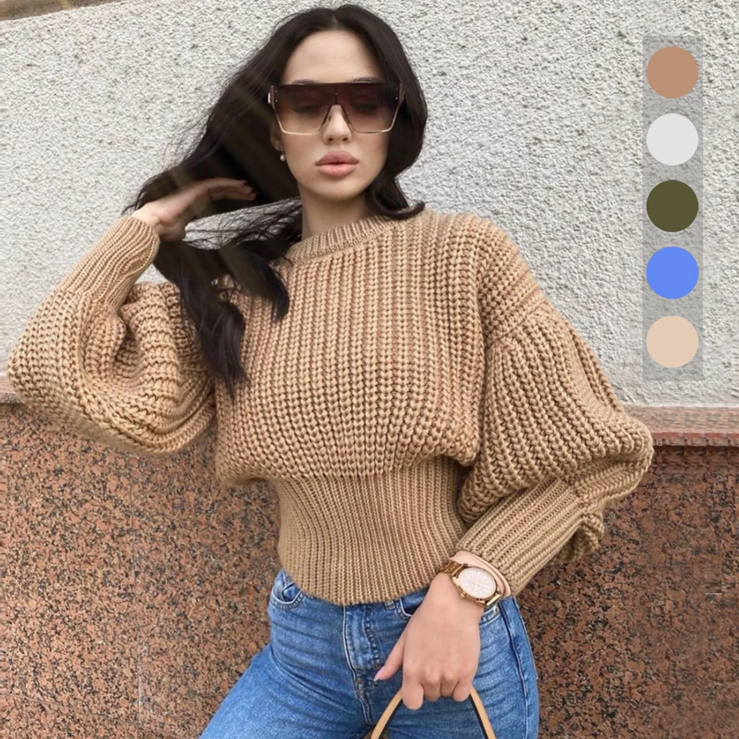 
M2008 High quality winter clothes ladies puff sleeve loose pullover knit warm women sweater  (1600135714369)