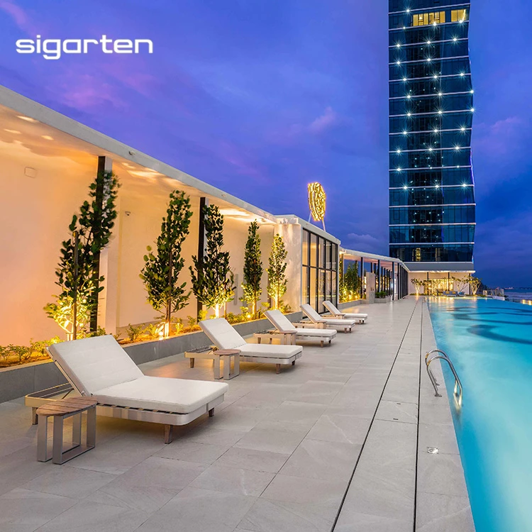 Luxury Modern Hotel Outdoor Furniture Olefin Fabric Brushed Aluminum Sun Lounger Bed