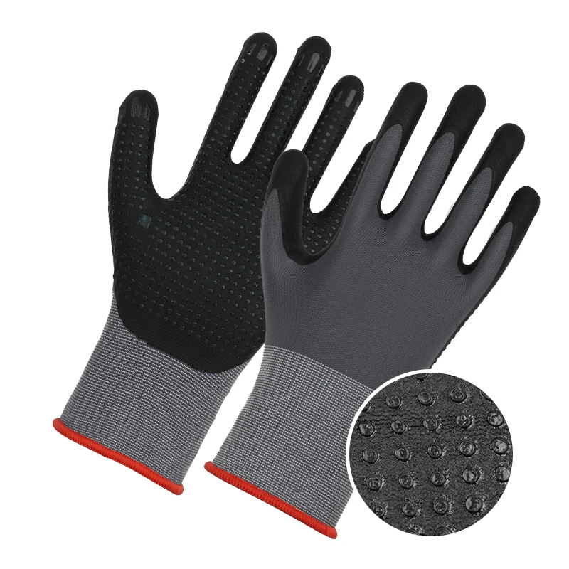 good quality anti slip durable 15G Nylon polyester Spandex Liner Nitrile foam dipped garden work Gloves with dot