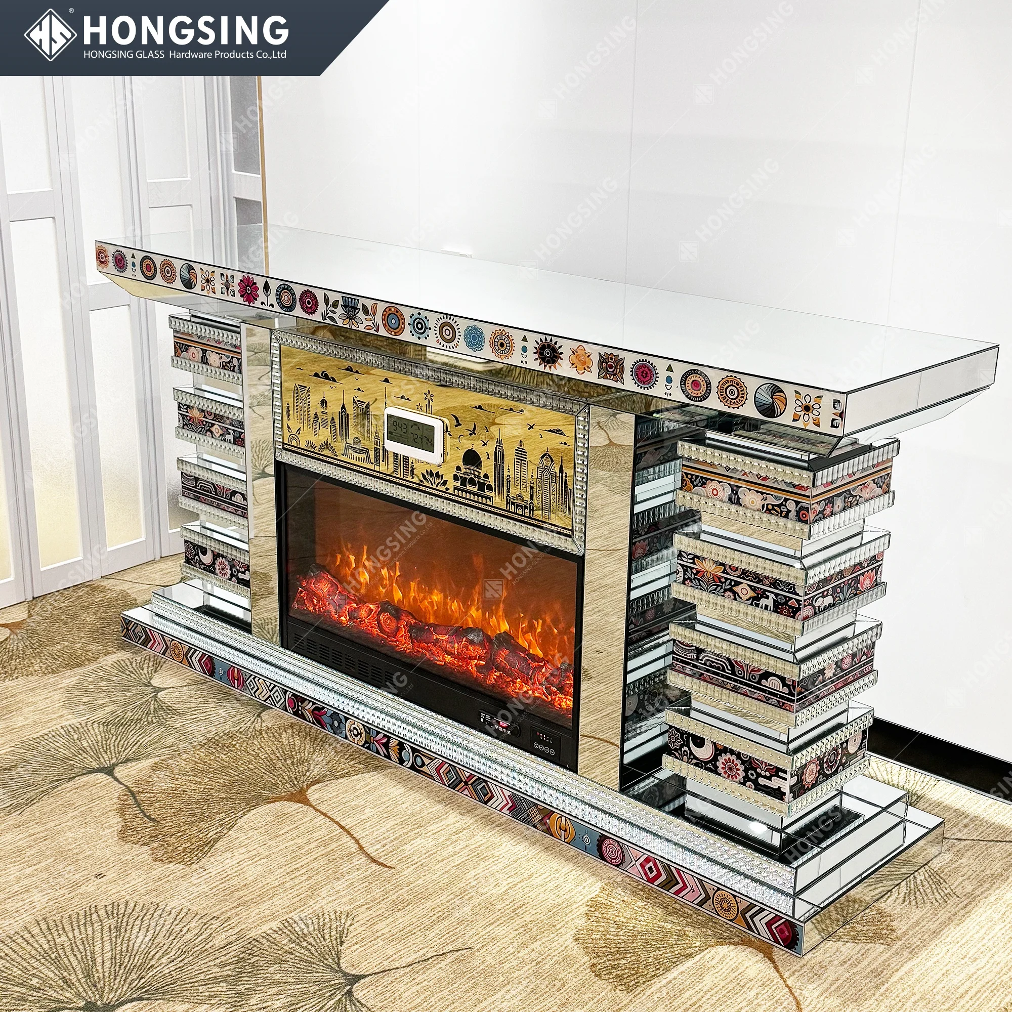 Mirrored fireplace LED 7 Color Light Effect Support Bluetooth Speaker Crushed Diamond Furniture Luxury Mirror Fireplace