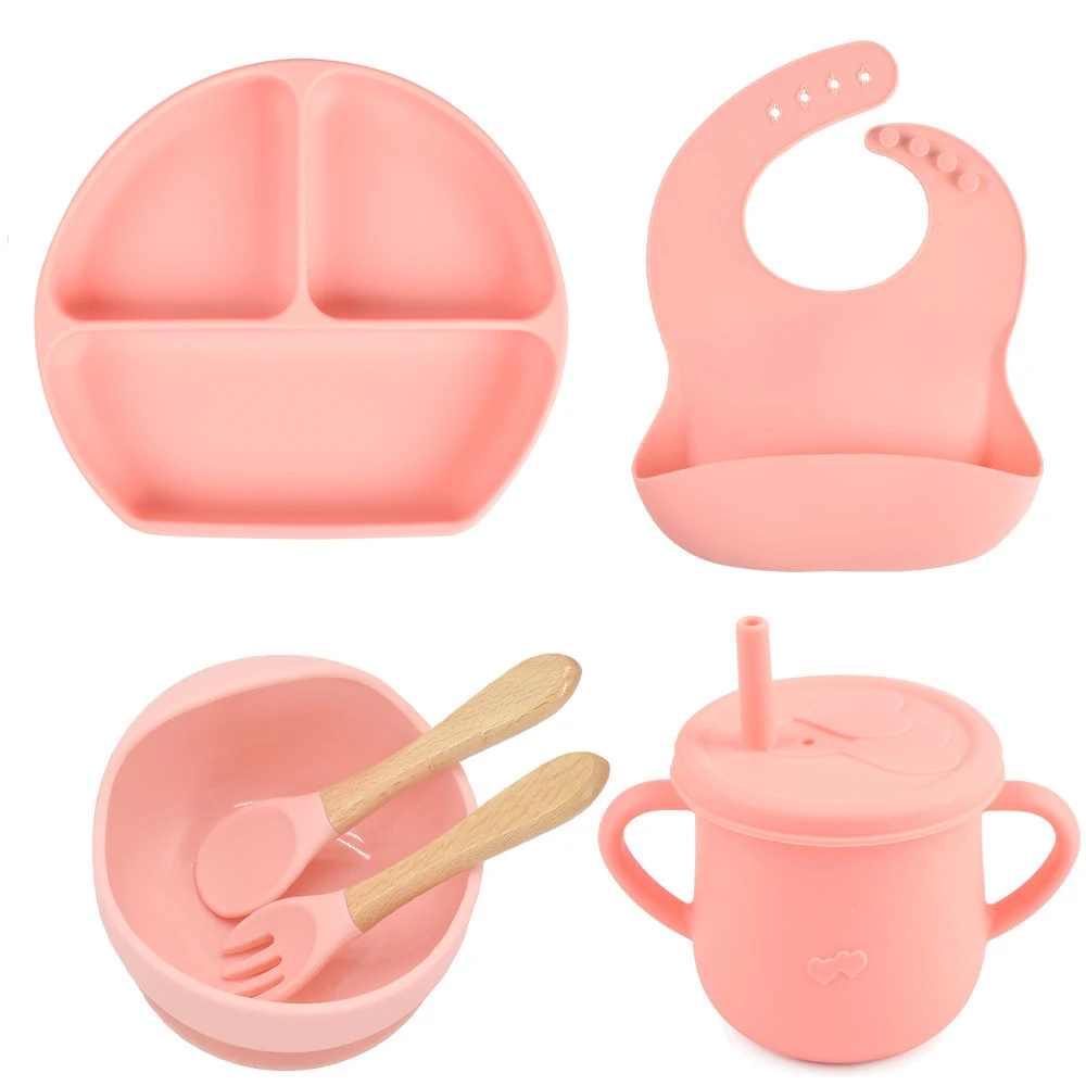 New Feeding Supplies 6PCS Stock Baby Silicone Feeding Set Baby Suction Plate, Bowl, Bib, Sippy Cup Set