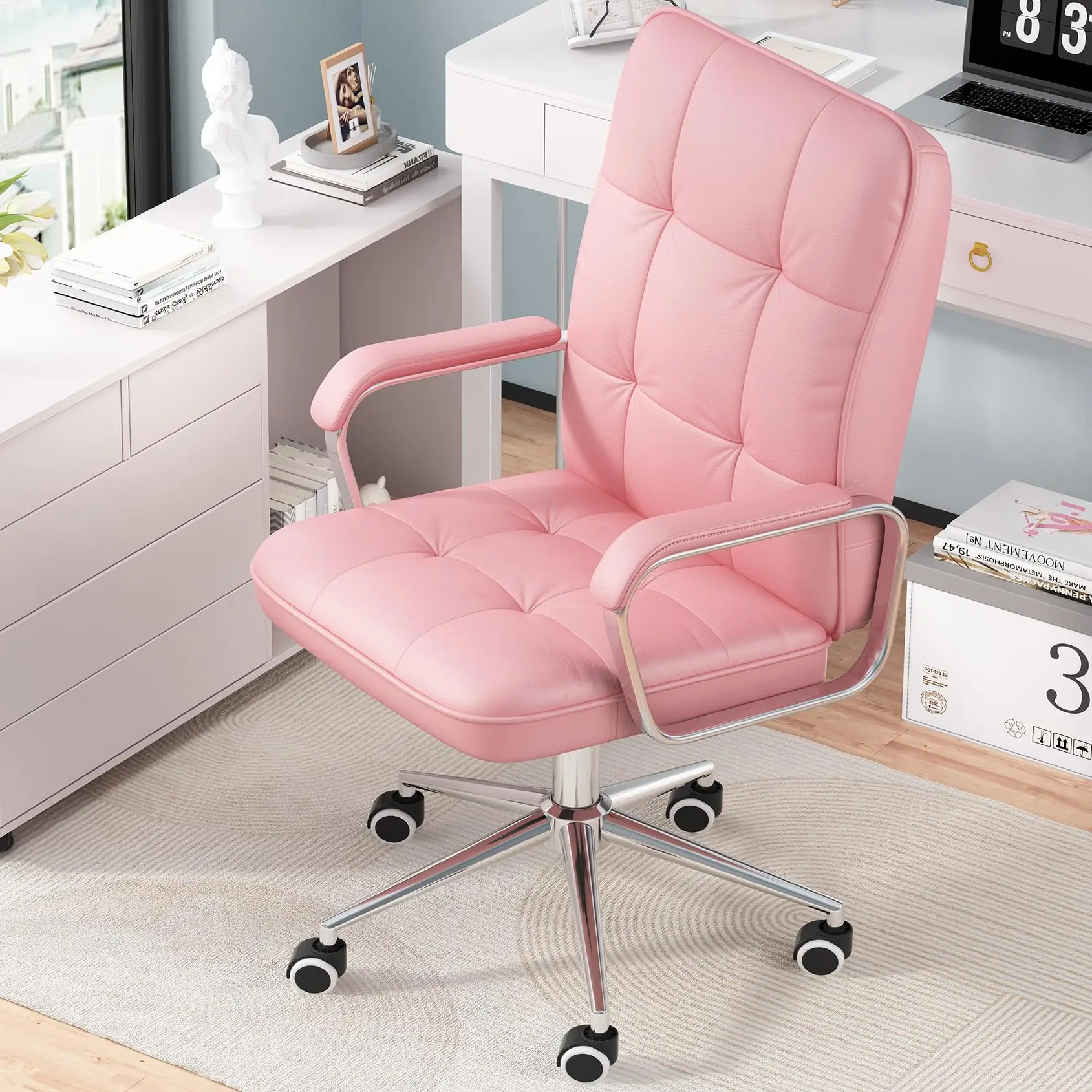 Brazil Leather Large Fabric Revolving Home Office Wheels Padded Arms Soft Leather Adjustable Computer Desk Swivel Chair