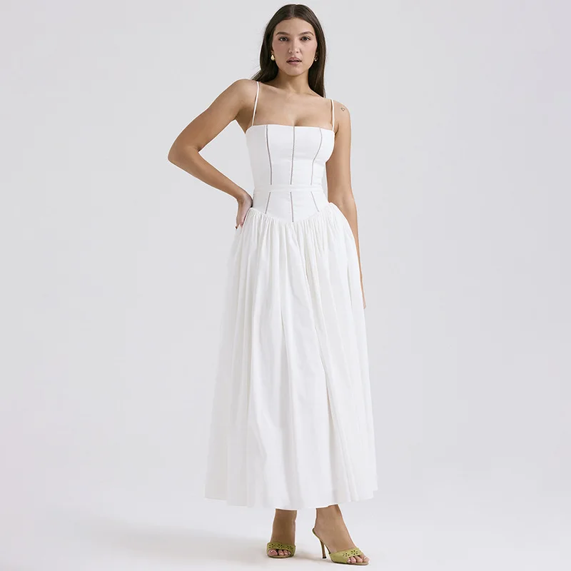 2024 New style hot sale hollow out lace bohemian aesthetic straps sling long dress for women