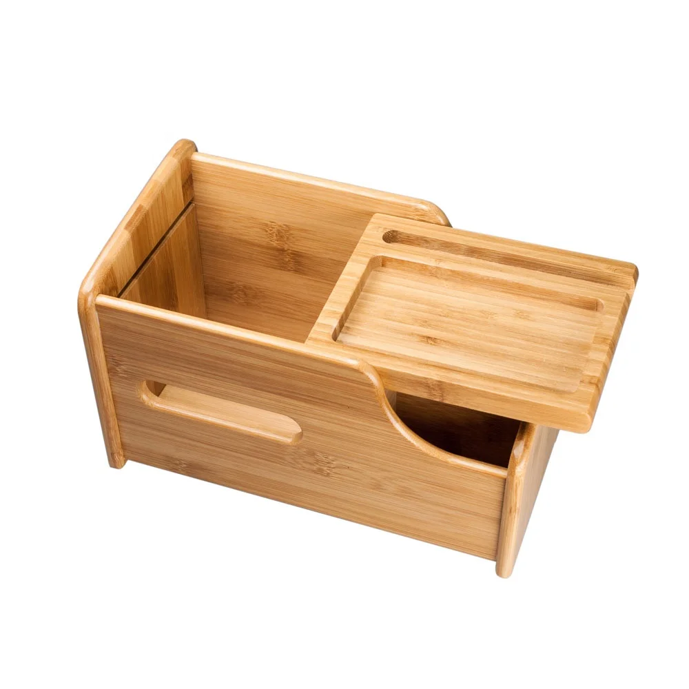 custom made Eco-friendly Office Desktop Stationery Bamboo Wooden Desk Organizer With Tissue Box