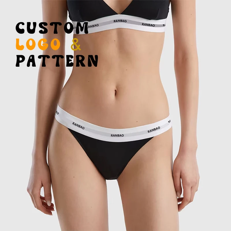 Custom elastic waist Convenient Logo stretch Organic Cotton Low rise Underwear Brief thong for women