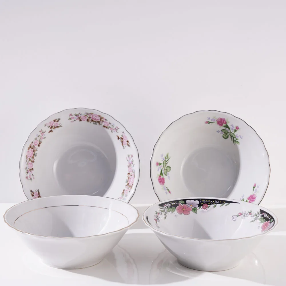 Factory Direct Ceramic Flower Shape Porcelain Bowls Gold Rim Dinner Serving Salad Custard Soups Rice Bowl