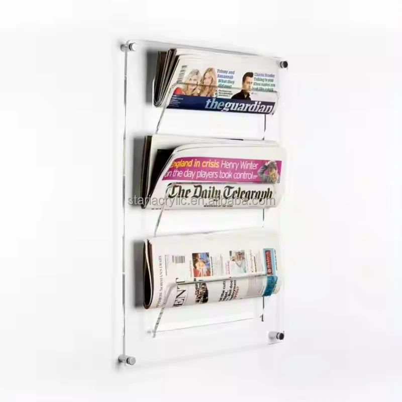 Wall Clear Acrylic Magazine & Newspaper Display Rack 3 Tier Hanging Newspaper Holder Wall Newspaper Rack