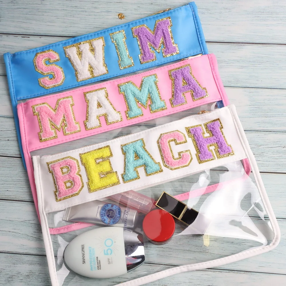 Персонализированная Водонепроницаемая косметичка из ПВХ на молнии прозрачная синельная нашивка с буквами органайзер для макияжа