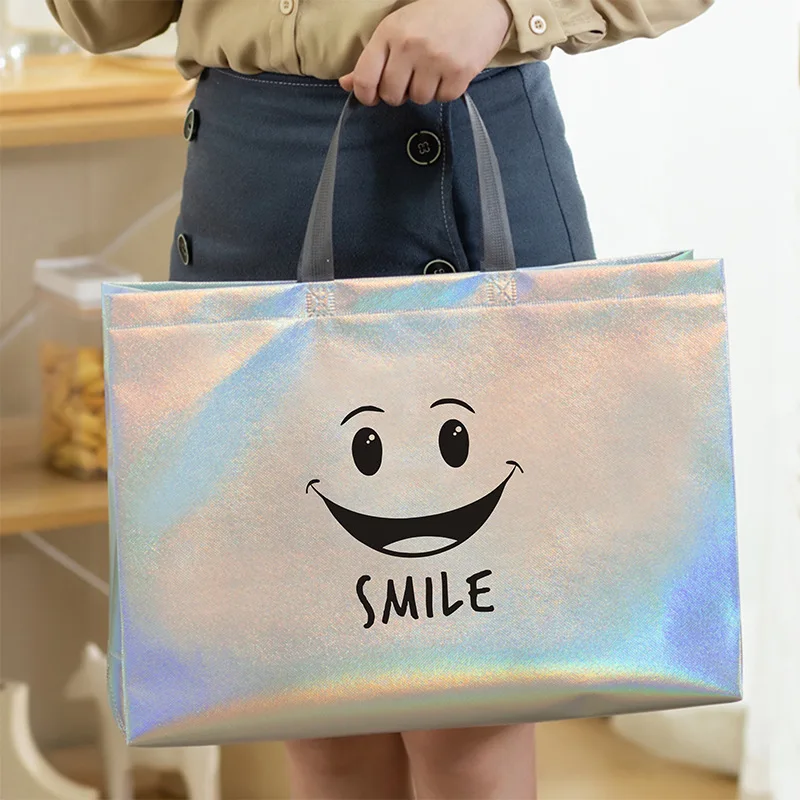 iridescent holographis gift bag glitter reusable non-woven silver metallic laser pp woven shopping bag sublimation tote bag with