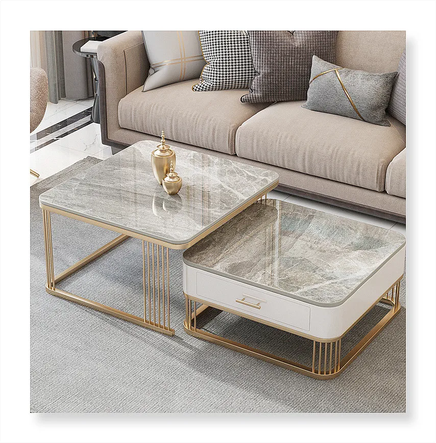 Top sale modern luxury 2 Sets Gold Iron Feet White Marble Side Coffee Table nesting coffee table