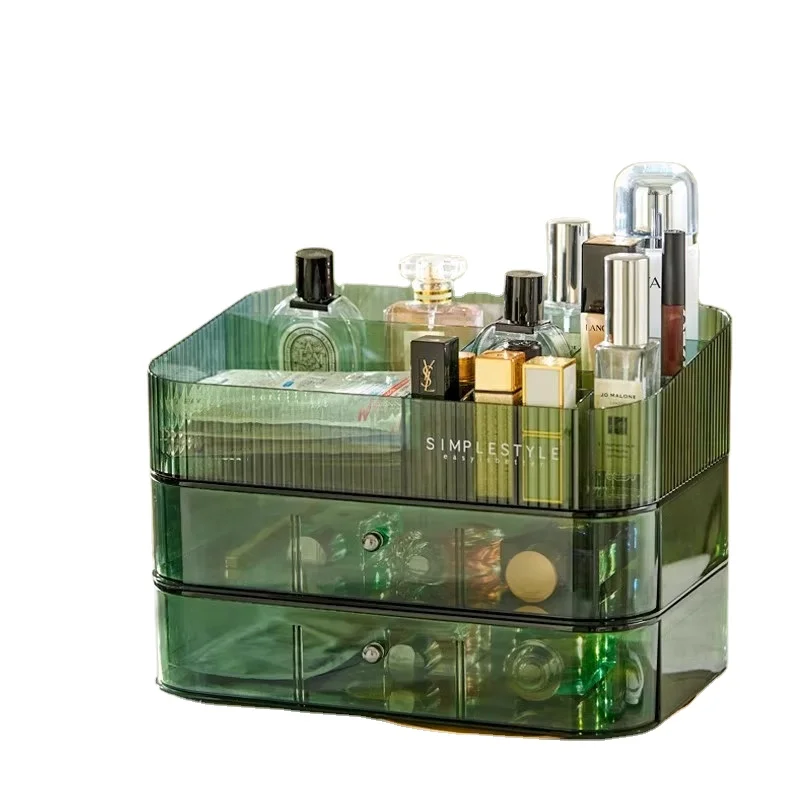 High quality Emerald Green 3 layers Cosmetics storage box table top lipstick mask skin care dustproof large capacity drawer type net