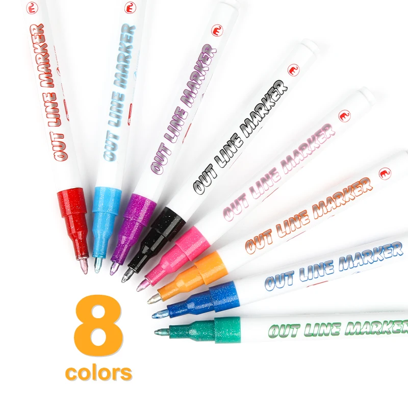 Mobee P-1267A Outline Markers 8pcs/set  Marker Pens Glitter Out Line Permanent Ink Color Flash Pens for Journaling Drawing