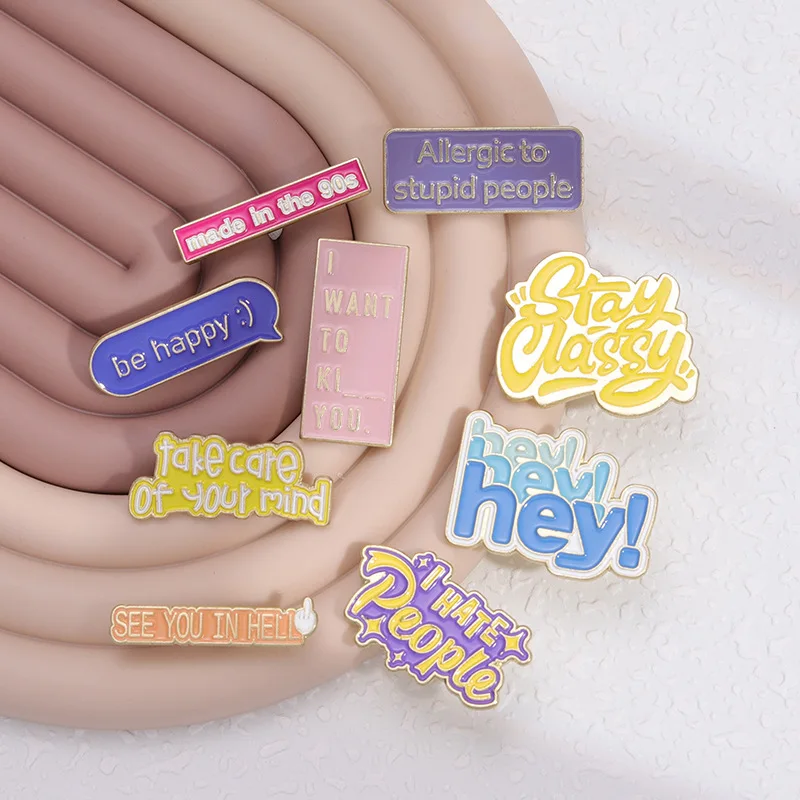 Hot Sales English Brooch Letters Metal Enamel Pins Clothing Bags Decorations Badges Accessories Wholesale