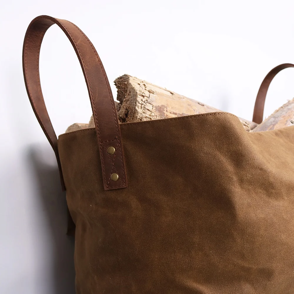 CHANGRONG пользовательская коричневая кожаная ручка Вощеная Холщовая Сумка для переноски бревен