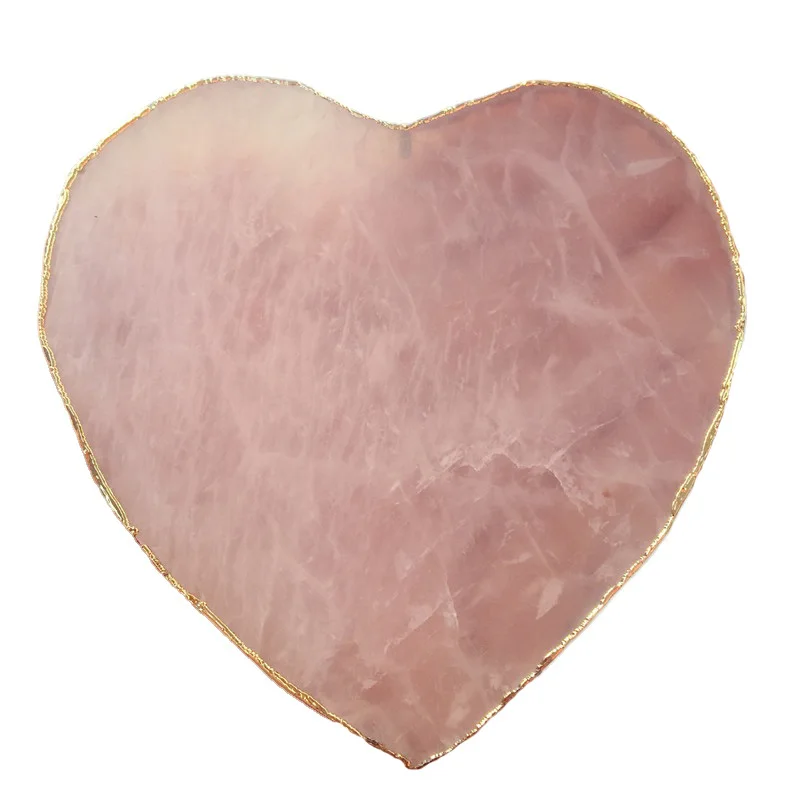 Оптовая продажа, Подставки Из Натурального Розового Кварца, кристалл в форме сердца, гальванизированный Золотой коврик, подставки для украшения дома