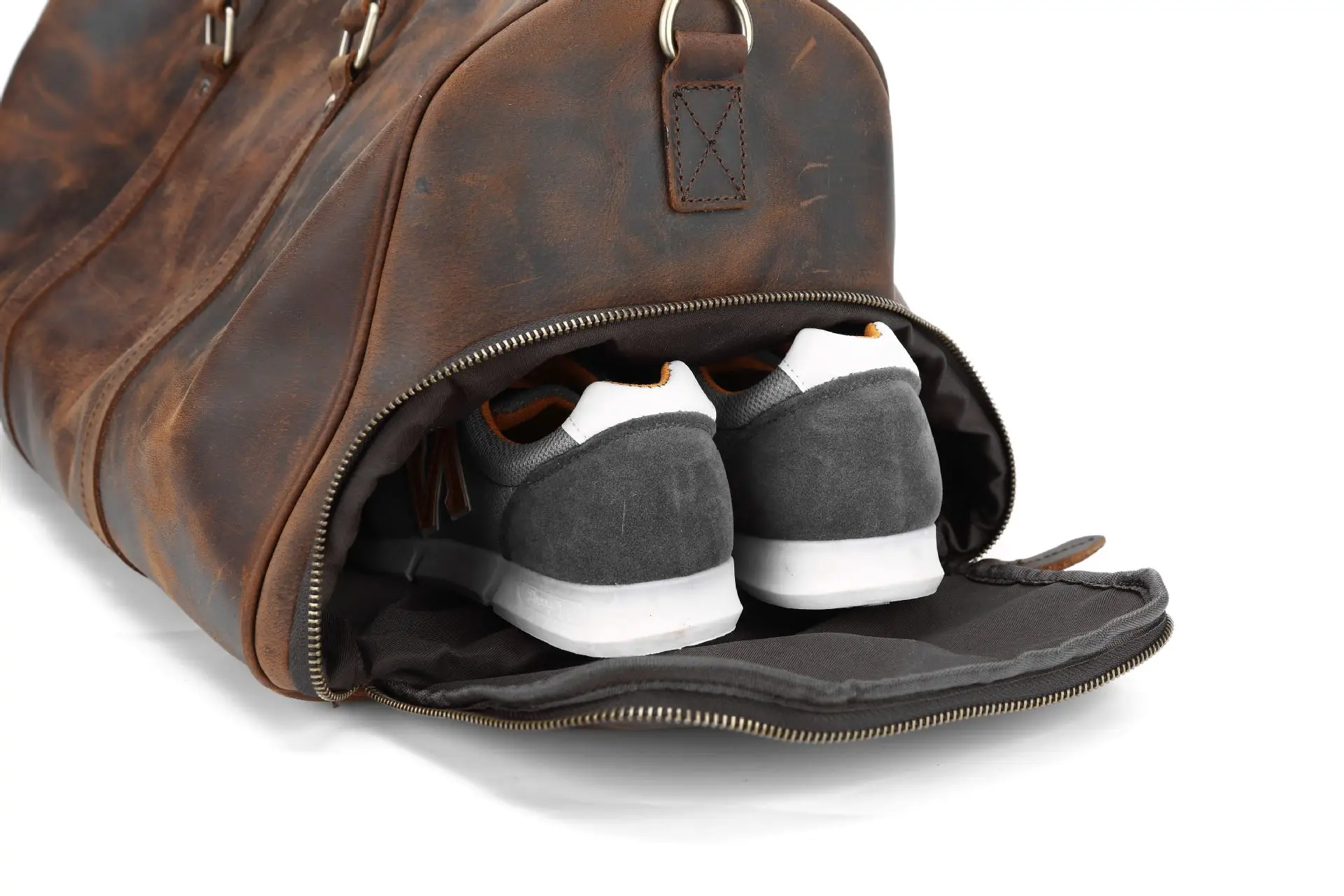 Vintage Crazy Horse Genuine Leather Travel Weekend Overnight Duffle Bag Leather Travel Duffle Bag With Shoes Compartment