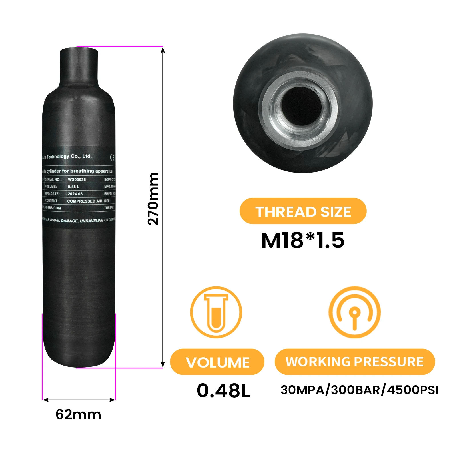 TUXING Brand Direct Portable ODM 0.48L 480CC High Pressure 300Bar 4500psi PCP Underwater Paintball Hunting Carbon Fiber Air Tank