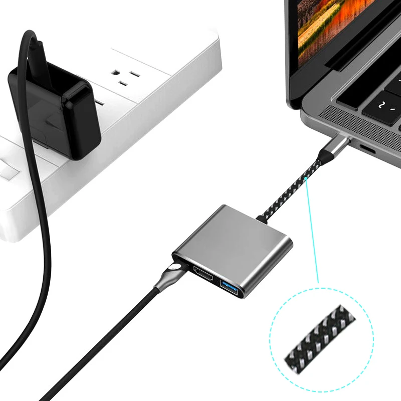 Source manufacturers can customize multifunctional gray aluminum shell Type-c to HDMI USB3.0 PD powered nylon rope hub