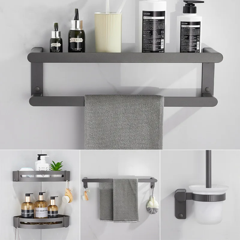 High quality gun gray bath towel rack set bathroom punch-free aluminum towel rack toilet storage storage rack